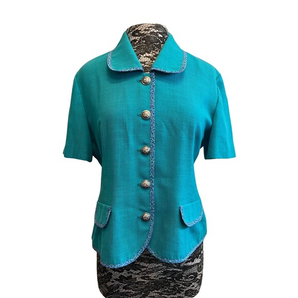 Vintage 90s Leslie Faye‎ Top Blazer Short Sleeve Teal Button Up Collar Spring 12 - Picture 1 of 16